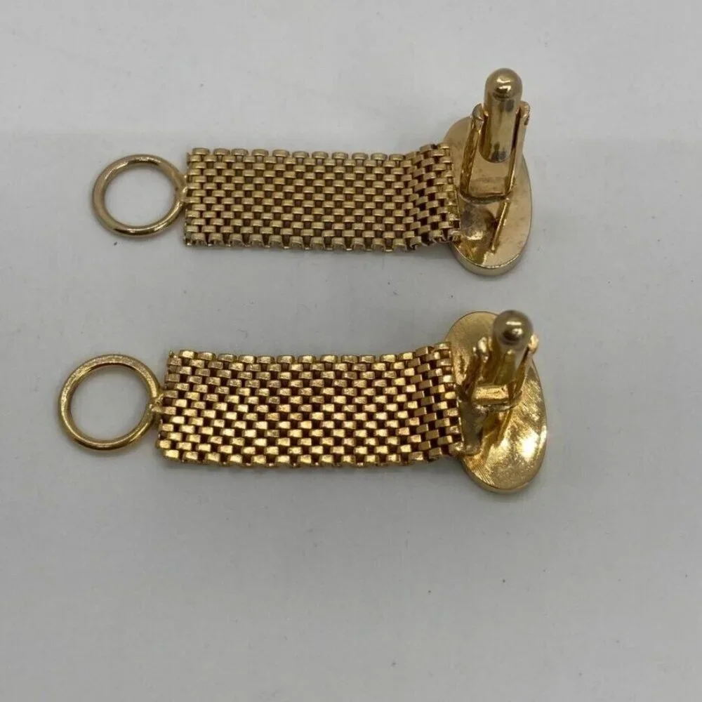 Vintage Diamond Cut Cufflinks‎ Oval Gold Tone Mesh Wrap Around Black Center